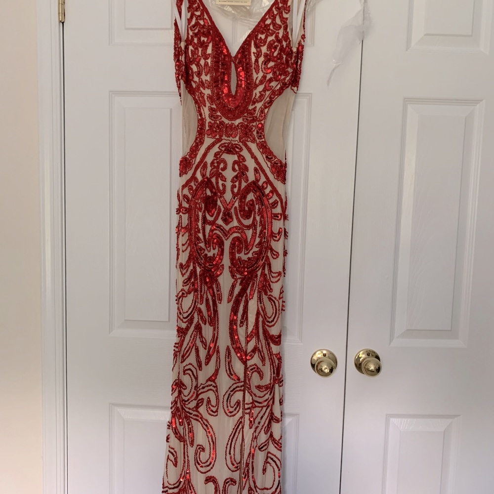 Red Sequin with cut outs Formal dress- high slit